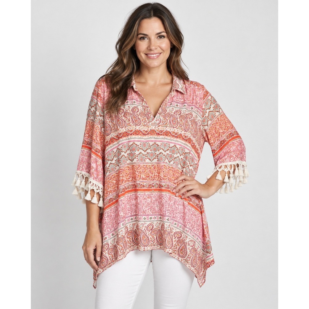 Ivy Jane Womens Pink Orange Paisley Boho Tassel Fringe Tunic Top Size L USA
